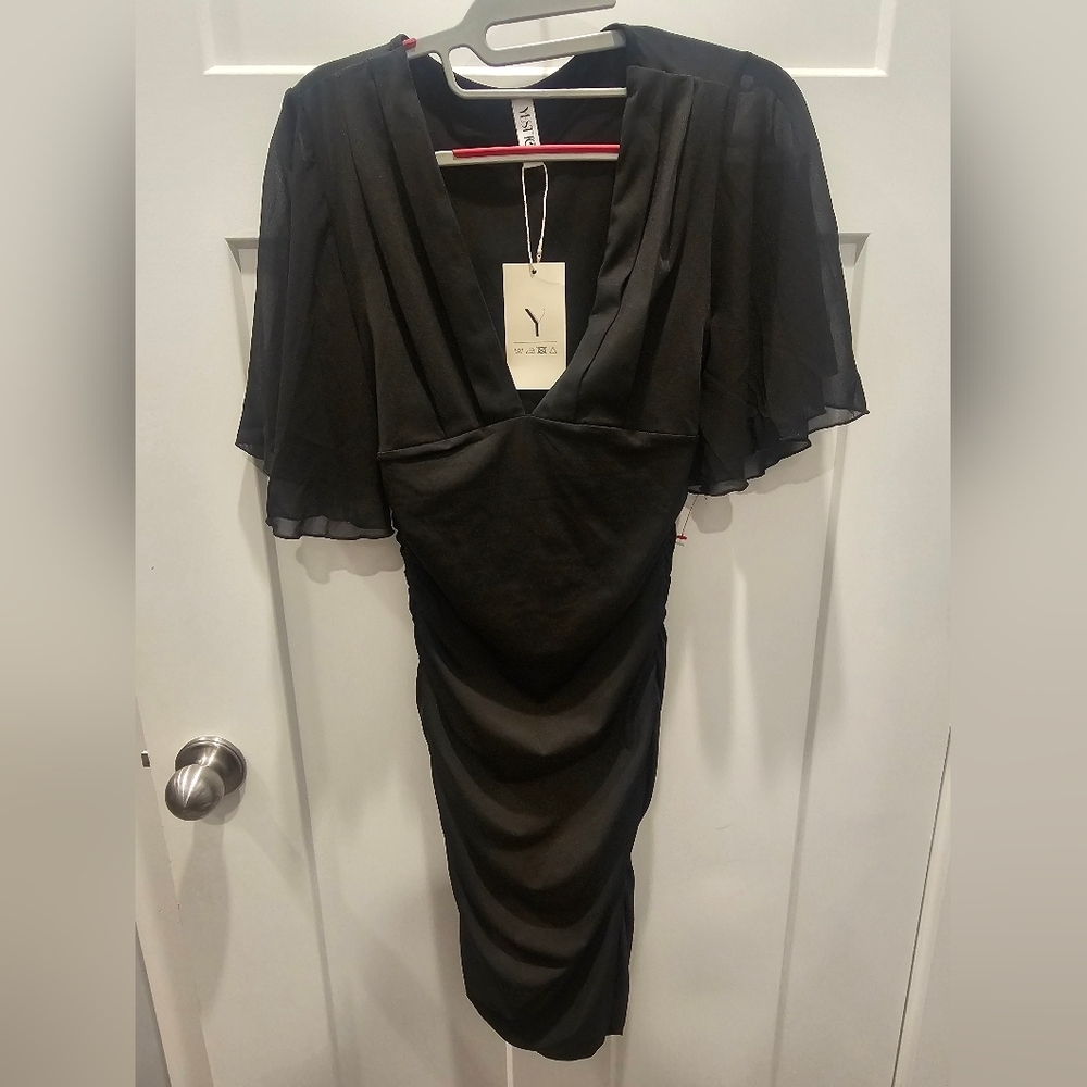 YesTo Black Ruched Bodycon Midi Dress Flutter Sleeve V-Neck NWT Size Small
